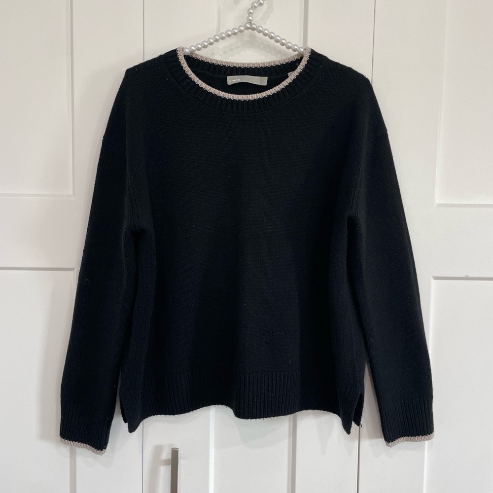Vince‎ Cashmere Wool Sweater Size Small Pullover Ribbed Trim Black Cream